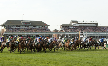 Ballabriggs (Jason Maguire,2nd left) at the start before winning the Grand National Aintree 09.04.2011