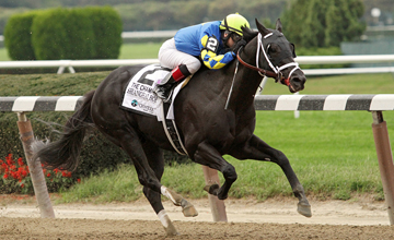 Shanghai Bobby and jockey Rosie Napravnik win the Champagne Stakes (Gr I) at Belmont Park 10/6/12. Trainer: Todd Pletcher. Owner: Starlight Racing