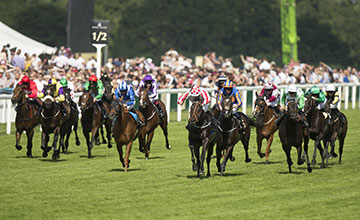 Slade Power (red and white, centre) bumps into Due Diligence in the Diamond Jubilee Stakes