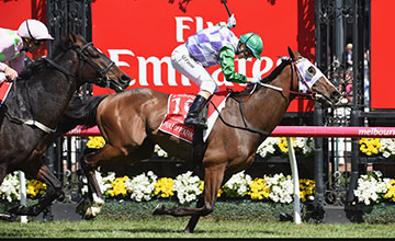 MELBOURNE, AUSTRALIA - NOVEMBER 03: Michelle Payne riding Prince of Penzance defeats Frankie Dettori riding Max Dynamite in race 7, the Emirates Melbourne Cup on Melbourne Cup Day at Flemington Racecourse on November 3, 2015 in Melbourne, Australia.